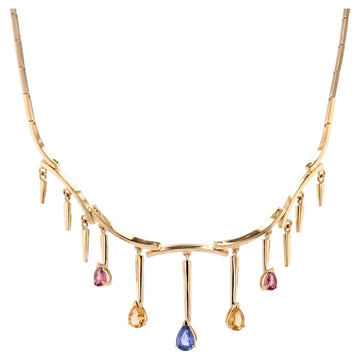 Modern Blue Rose and Yellow Sapphires 18 Karat Yellow Gold Drapery Necklace