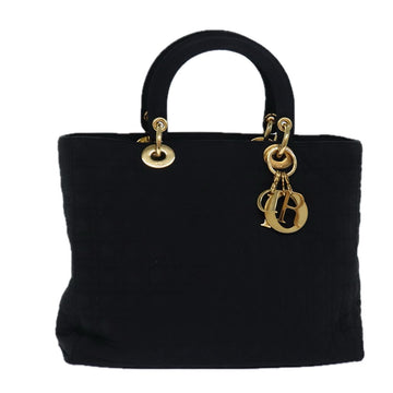 CHRISTIAN DIOR Lady Dior Hand Bag Nylon Black Gold Auth ki4723