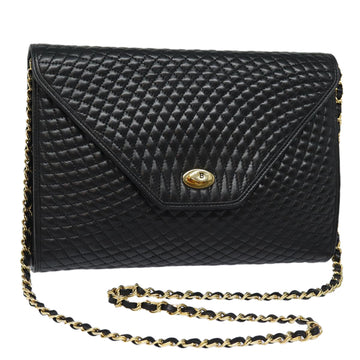 BALLY Quilted Chain Shoulder Bag Leather Black Auth kk261