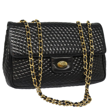 BALLY Quilted Chain Shoulder Bag Leather Black Auth kk282