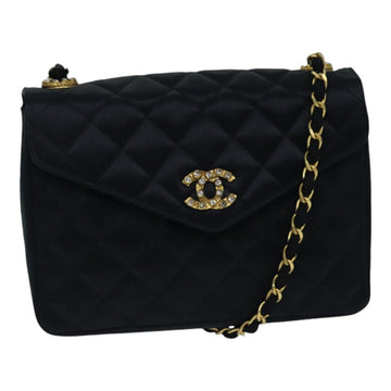 CHANEL Matelasse Stone Chain Shoulder Bag Satin Black CC Auth kk285A