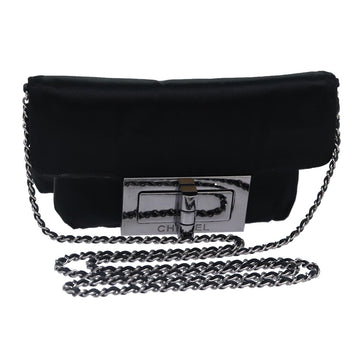 CHANEL Turn Lock Chain Shoulder Bag Satin Silver Black CC Auth kk287