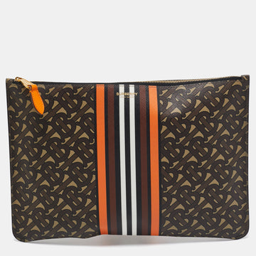 BURBERRY Orange/Brown TB Monogram Coated Canvas Stripe Zip Pouch