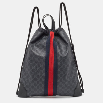 GUCCI Black GG Supreme Canvas and Leather Drawstring Backpack