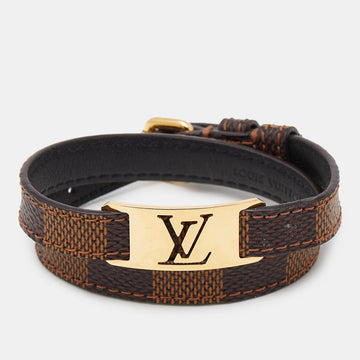 LOUIS VUITTON Gold Tone Sign It Damier Ebene Leather Bracelet