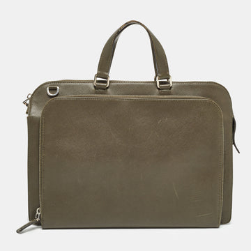 PRADA Olive Green Saffiano Lux Leather Front Pocket Briefcase Bag