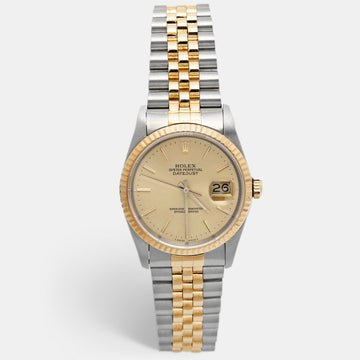 ROLEX Champagne 18k Yellow Gold Stainless Steel Datejust 16233 Men's Wristwatch 36 mm