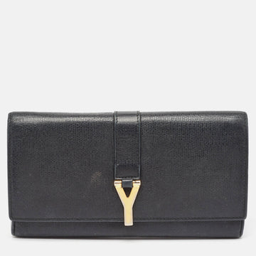 Saint Laurent Black Leather Classic Y Flap Continental Wallet