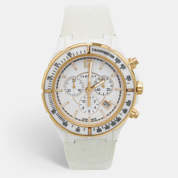VERSACE White Ceramic Rose Gold Plated Stainless Steel Leather DV One Chronograph 28C Unisex Wristwatch 42 mm