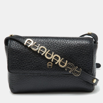 AIGNER Black Leather Flap Crossbody Bag