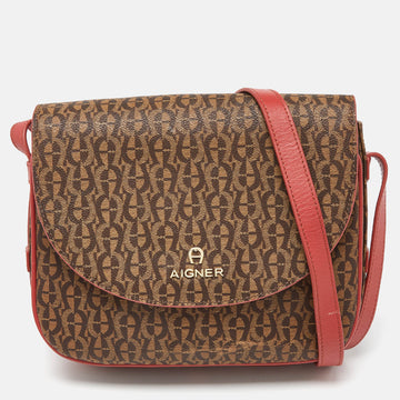 AIGNER Brown/Red Signature Coated Canvas and Leather Crossbody Bag