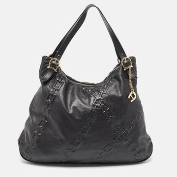 AIGNER Black Chain Embossed Leather Hobo