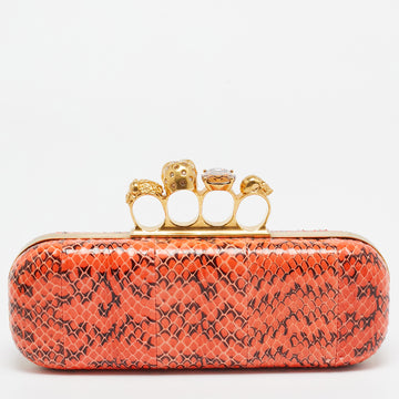 ALEXANDER MCQUEEN Orange/Black Watersnake Leather Skull Knuckle Box Clutch