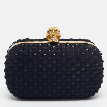 ALEXANDER MCQUEEN Navy Blue Textured Suede Studded Skull Clutch