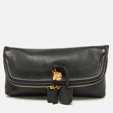 ALEXANDER MCQUEEN Black Leather Skull Padlock Fold-Over Clutch