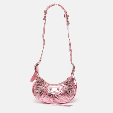 BALENCIAGA Pink Patent Leather XS Crystals Le Cagole Shoulder Bag