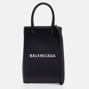 BALENCIAGA Black Leather Phone Holder Crossbody Bag