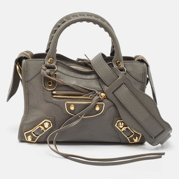 BALENCIAGA Grey Leather Mini Metallic Edge City Bag