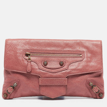 BALENCIAGA Pink Leather Motocross Flap Clutch