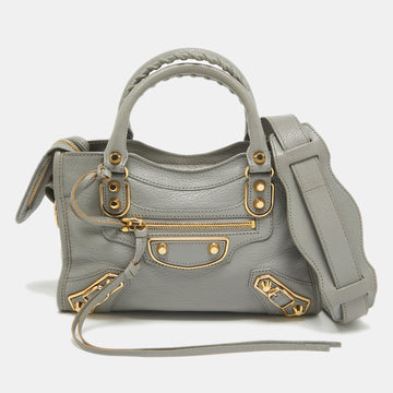 BALENCIAGA Grey Leather Mini Metallic Edge City Bag