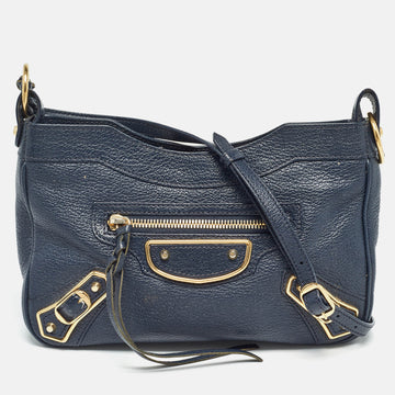 BALENCIAGA Navy Blue Leather Metallic Edge Classic Hip Bag