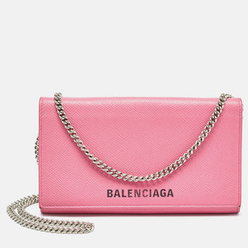 BALENCIAGA Pink Leather Logo Flap Chain Clutch