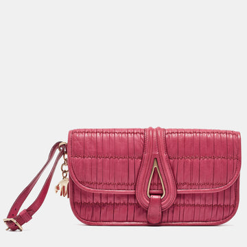 BALLY Pink Pleated Leather Flap Wristlet Clutch