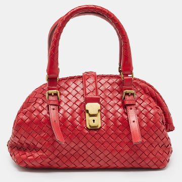 BOTTEGA VENETA Red Intrecciato Leather Pushlock Flap Satchel