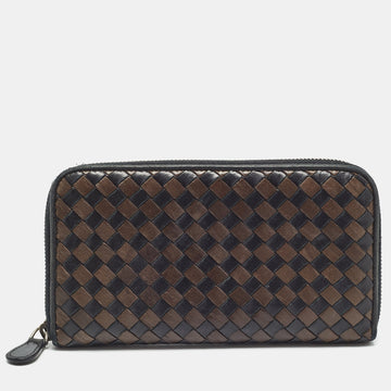 BOTTEGA VENETA Brown/Black Intrecciato Leather Zip Around Wallet