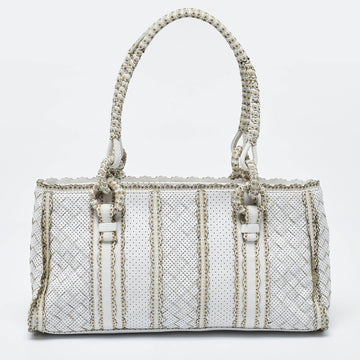 BOTTEGA VENETA White/Beige Perforated Intrecciato Leather Tote