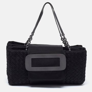 BOTTEGA VENETA Black Intrecciato Canvas Buckle Flap Shoulder Bag