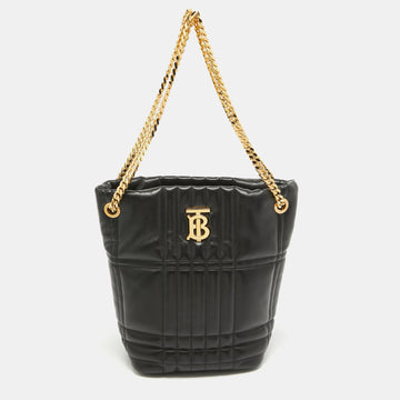 BURBERRY Black Quilted Check Leather Small Lola Bucket Bag