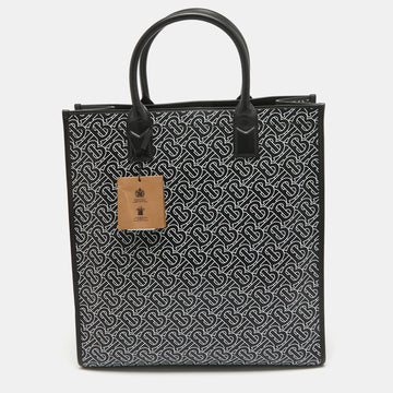 BURBERRY Black/White TB Logo Leather Vertical Danny Tote