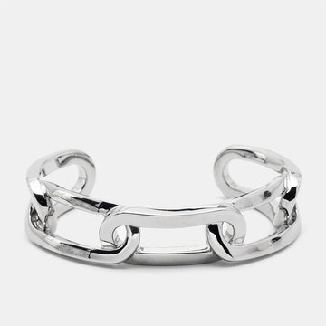 BURBERRY Chain Link Motif Silver Tone Open Cuff Bracelet M