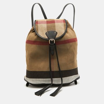 BURBERRY Black/Beige Mega Check Canvas and Leather Drawstring Flap Backpack