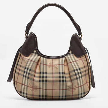 BURBERRY Brown/Beige Haymarket Coated Canvas and Leather Small Brooklyn Hobo