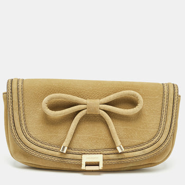 BURBERRY Green Nubuck Leather Bow Flap Clutch