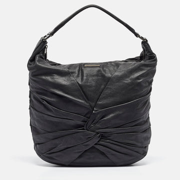 BURBERRY Black Leather Ruched Hobo
