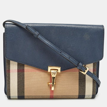 BURBERRY Navy Blue/Beige House Check Fabric and Leather Small Macken Crossbody Bag