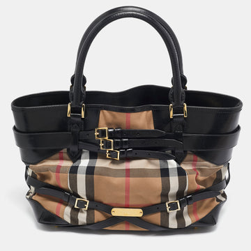 BURBERRY Black House Check Canvas and Leather Medium Bridle Lynher Tote