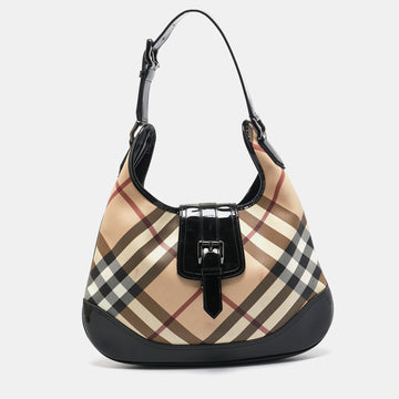 BURBERRY Black/Beige Nova Check PVC and Patent Leather Brooke Hobo