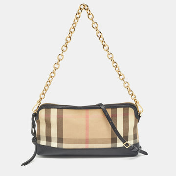 BURBERRY Black/Beige House Check Canvas and Leather Abbingdon Clutch Bag