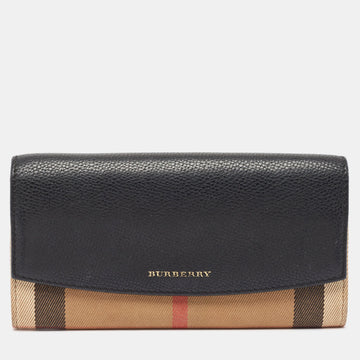 BURBERRY Black/Beige House Check Canvas and Leather Flap Continental Wallet