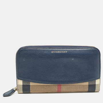 BURBERRY Navy Blue/Beige House Check Canvas and Leather Zip Continental Wallet