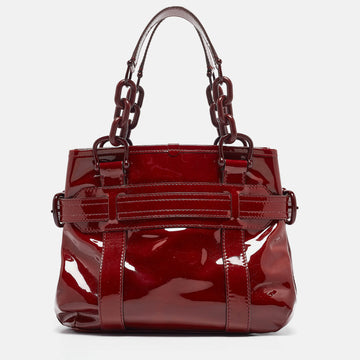 BURBERRY Red Patent Leather Buckle Chain Tote