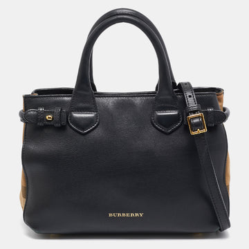 BURBERRY Black/Beige Leather and House Check Fabric Small Banner Tote