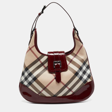 BURBERRY Burgundy/Beige Nova Check PVC and Patent Leather Brooke Hobo