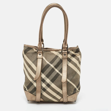 BURBERRY Metallic Beat Check Shimmer Canvas and Leather Snap Tote