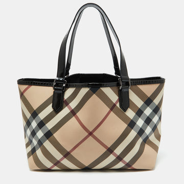 BURBERRY Beige/Black Supernova Check Coated Canvas and Patent Leather Nickie Tote