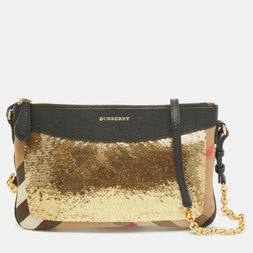 BURBERRY Black/Gold House Check Canvas, Leather and Sequins Peyton Crossbody Bag